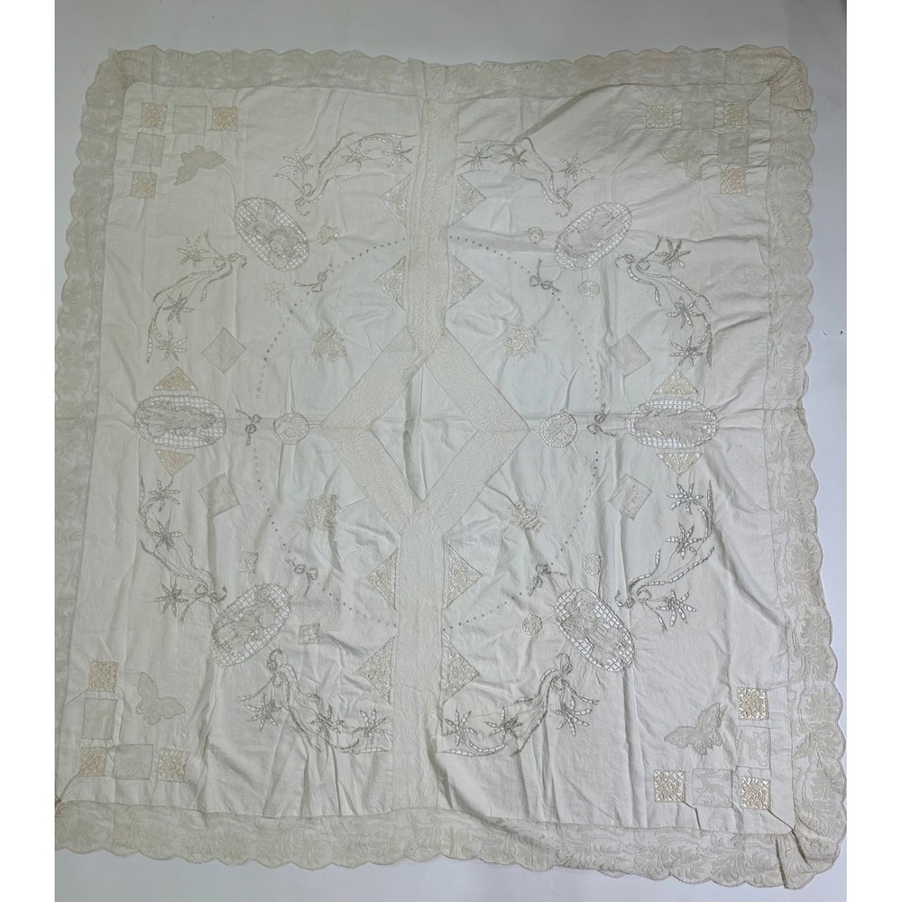 Vintage White Linen Tablecloth Handmade Lace Inserts Cutwork Embroidery Square
